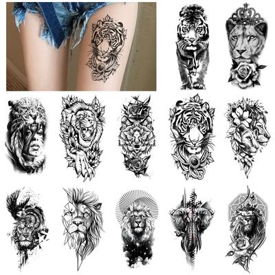 Lot de 12 tatouages imperméables à l'eau, motif lion noir, imitation tatouage, demi-bras