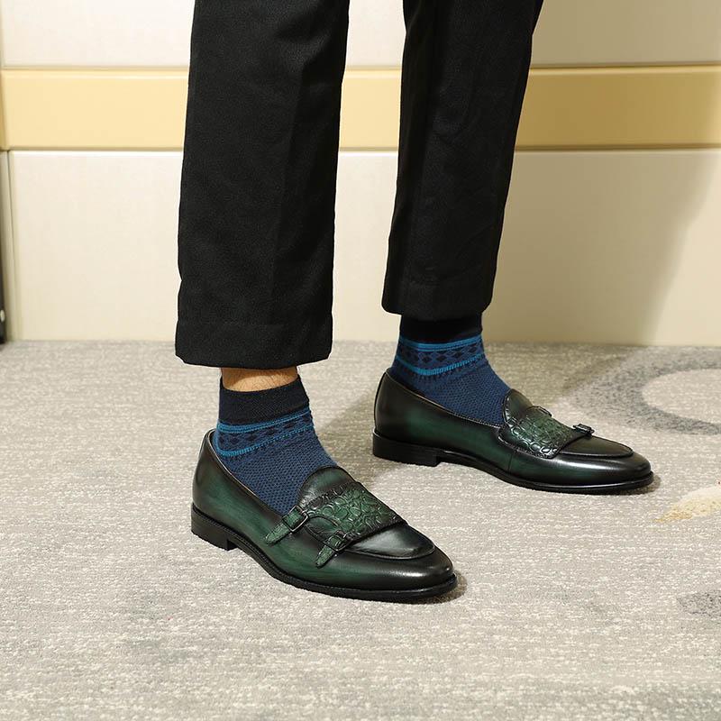 Fashion Luxury Men's Genuine Cow Leather Dress Shoes Green Black Slip-on Loafer Monk Strap Buckle Casual Business Wedding Footwear
