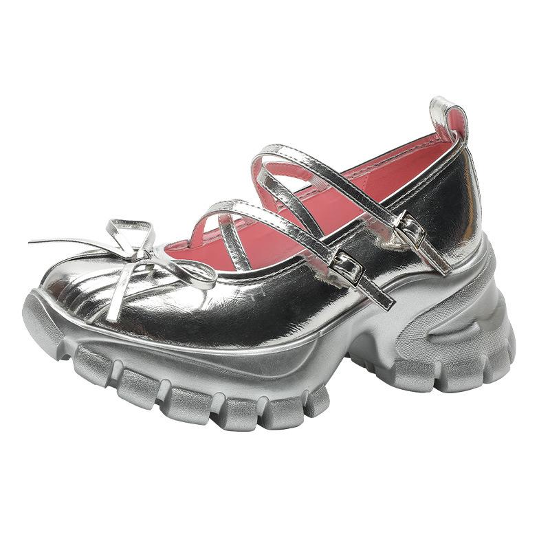 In Stock 2026: Silver Thick Heel Platform Loafers for Petite Women - French Mary Jane Style