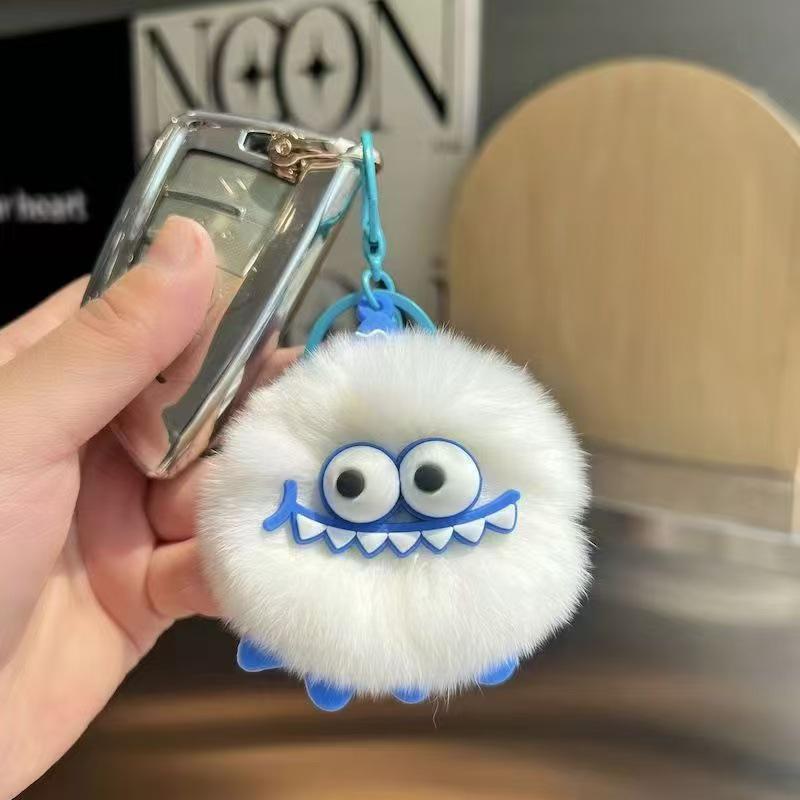 Cute Little Dinosaur Faux Mink Rabbit Fur Keychain with Plush Ball - Christmas Ornament Gift белый