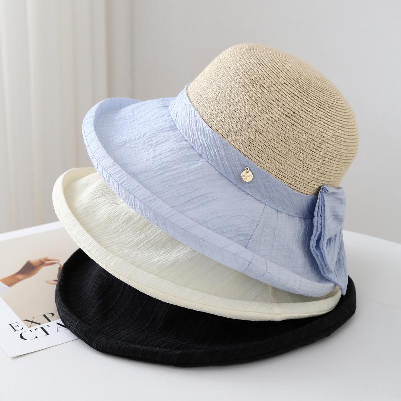 Freedom Outdoors Women's Summer Wide Brim Bucket Hat Bow-Knot Patchwork Fisherman Style Beach Accessory 56-58Cm