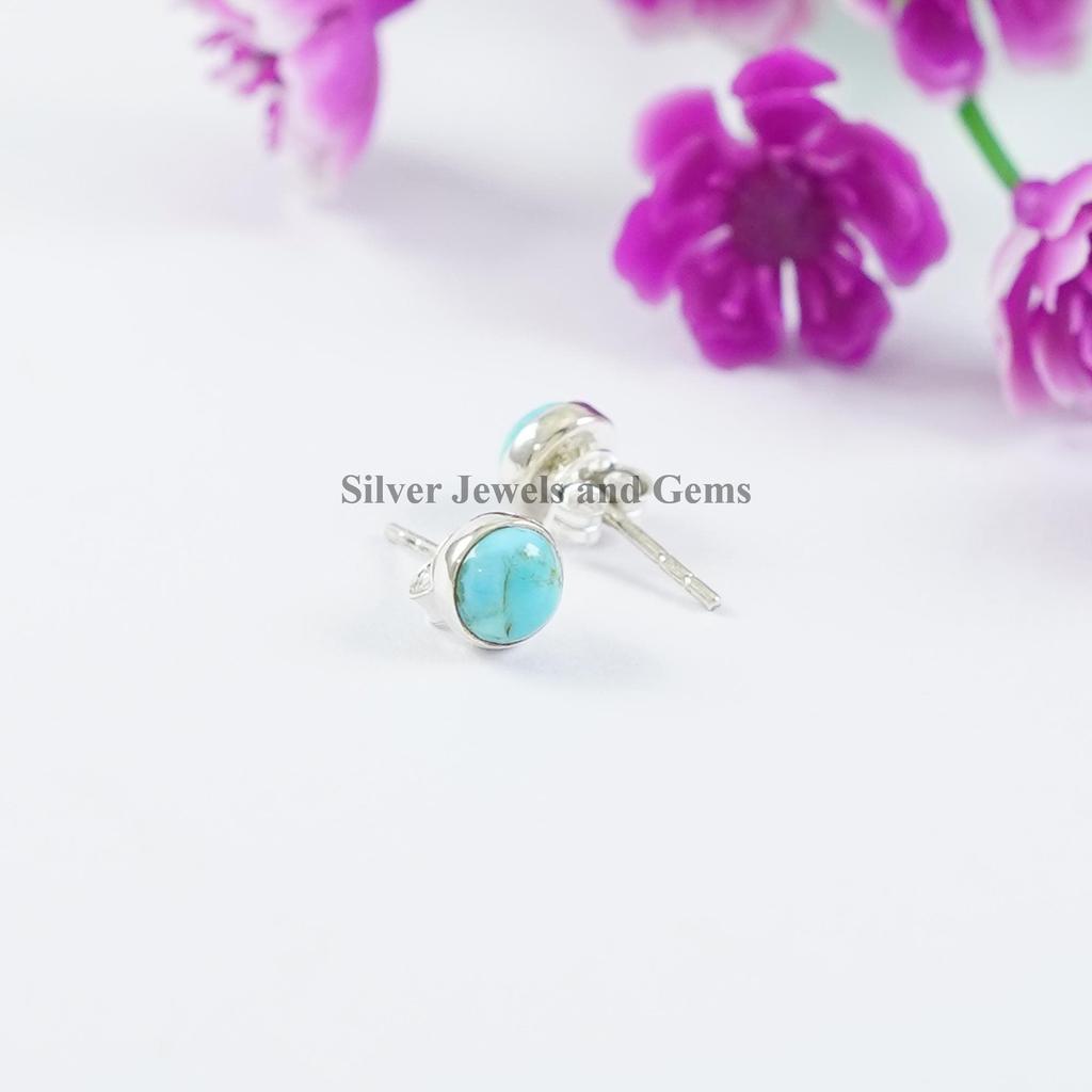 Round Turquoise Stud Earrings, Arizona Turquoise Studs, Tiny Stud Earrings, 925 Sterling Silver Studs, Gift for Daughter