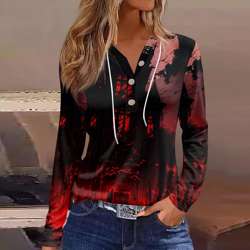 Damska Moda Casual Halloween Nadrukowana Bluza z Kapturem Ozdobny Guzik Koszulka z Długim Rękawem
