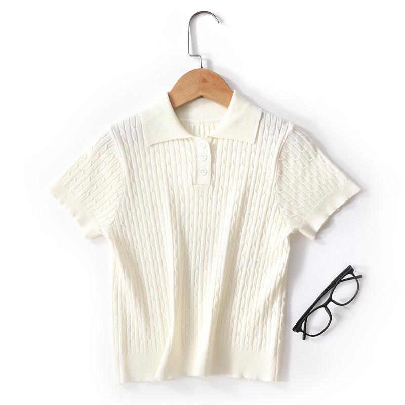 Kids Korean Style Retro Cable Knit Short Sleeve Polo - Summer Sweet Top 130 cm