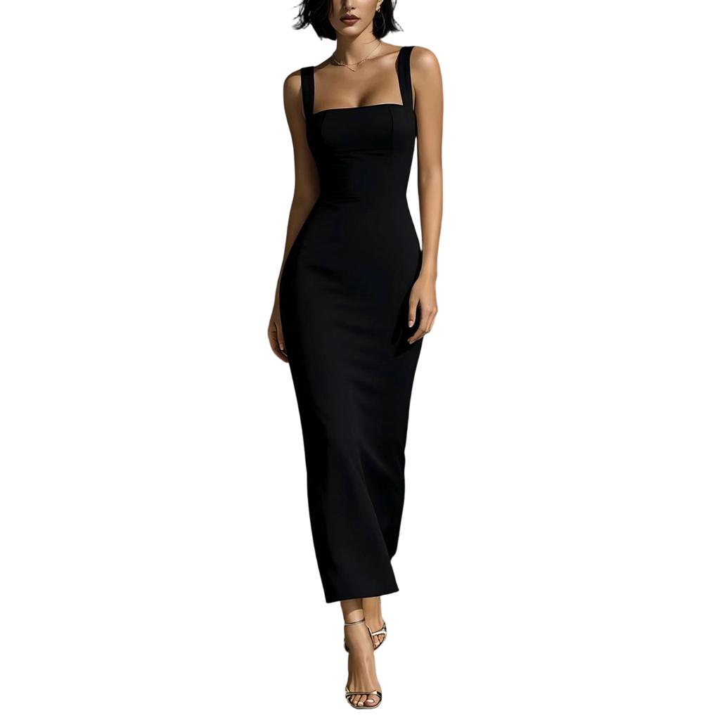 Women's Sleeveless Square Neck Midi Dress Fitted Waist Solid Strap Design Elegant Casual Party Wear for Summer and Spring