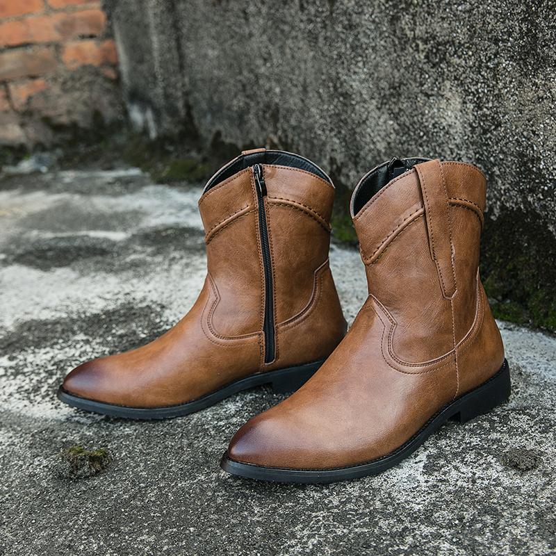 Botas occidentales para hombre Punta puntiaguda Puntas de ala Negro Marrón Amarillo Vestido retro informal Cremallera Cuero Botas de entretiempo para hombre a media pantorrilla para hombre Tallas grandes