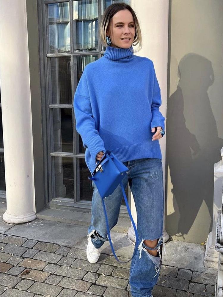 Russia Hot Sale Solid Color Women's Knitted Pullover Turtleneck Loose 066
