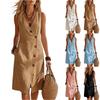Vestido de Verano Casual sin Mangas Asimétrico con Botones de Longitud Media Cuello en V Mezcla de Lino para Mujer