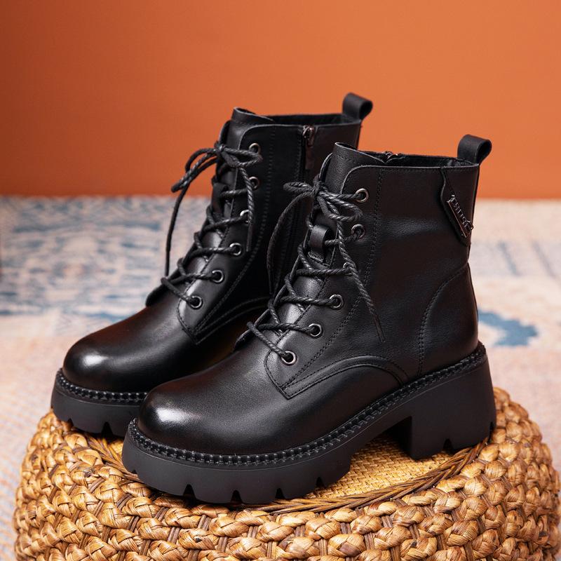 

Женские кожаные ботинки из коровьей кожи первого слоя, осенние новые ботильоны на плоской подошве, ретро ботинки Мартина с круглым носком, женские ботинки на задней молнии, женские 35