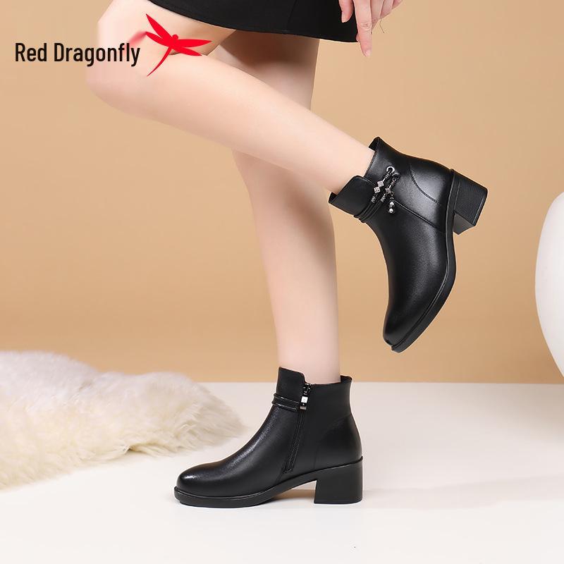 Red Dragonfly Women's High-Heeled Leather Winter Boots with Velvet Lining