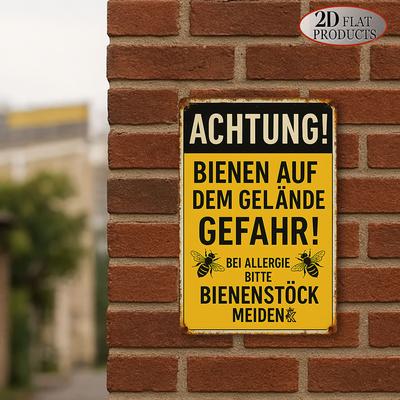 Bee Warning Metal Tin Sign Rustic German Safety Reminder Plaque with Bee Illustration Durable Iron Wall Decor for Garden