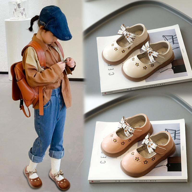 New Korean Style Girls' Pastoral Style Bow Comfortable Soft-soled Leather Shoes for Spring and Autumn