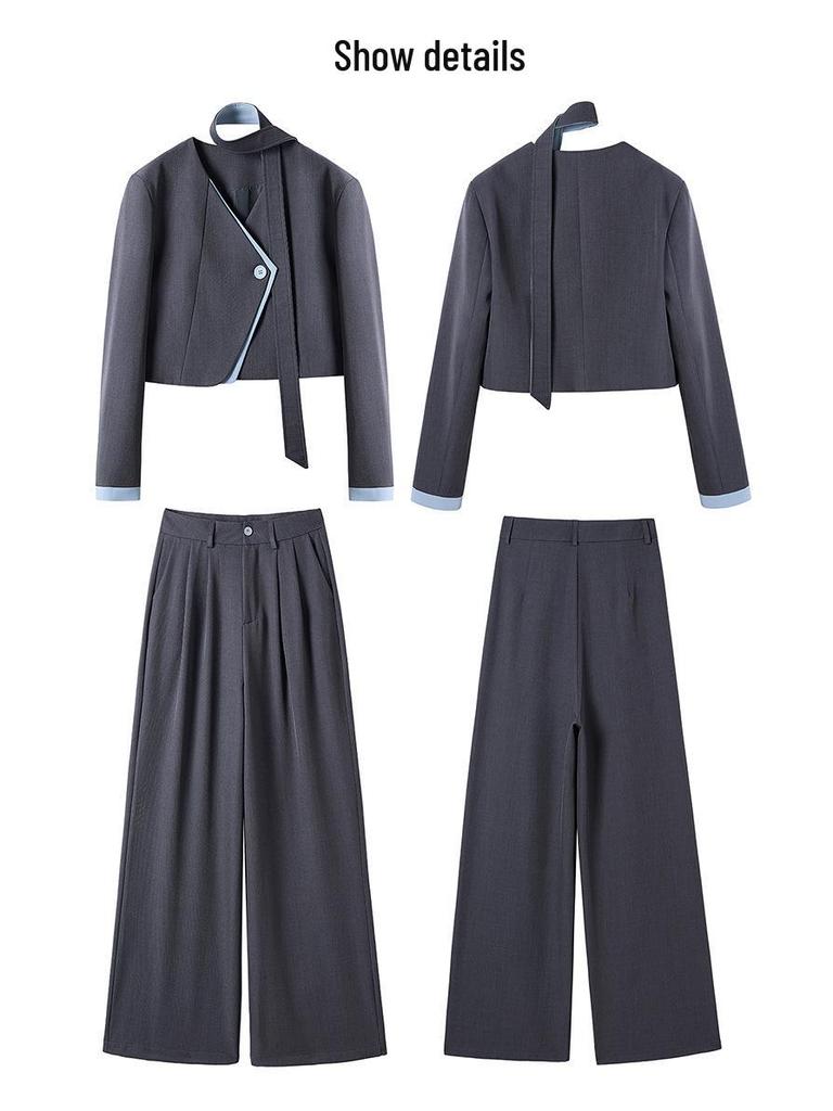 Stylish Spring 2025 Women's Patchwork V-neck Jacket & Wide-leg Pants Two-piece Set