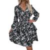 Casual V-Neck Puff Sleeve Floral Print A-Line High Waist Short Dress Women Black S-XL