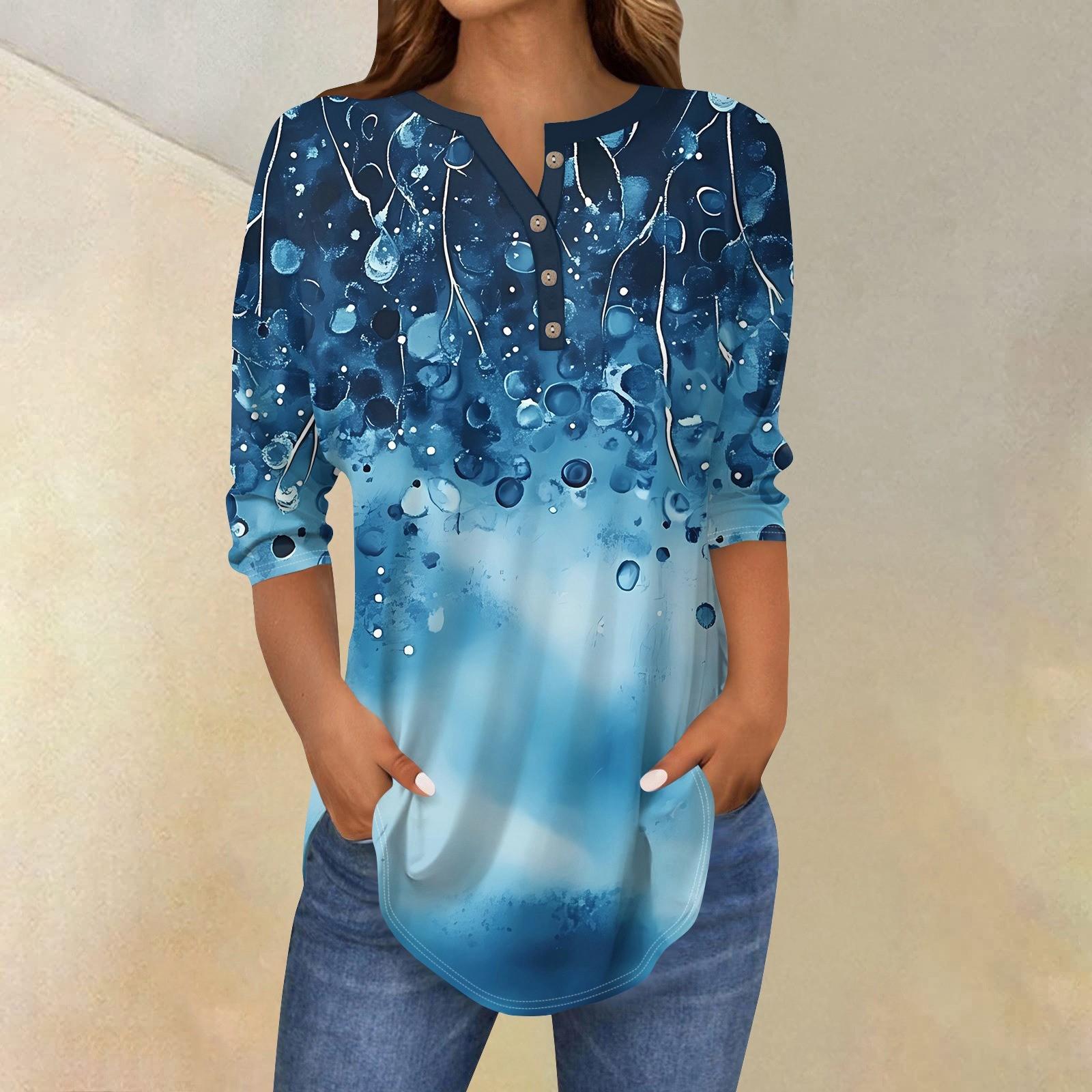 

Рубашки с рукавом 3/4 для женщин, модные, повседневные, с круглым вырезом, с принтом, футболка, топ XXXL темно-синий