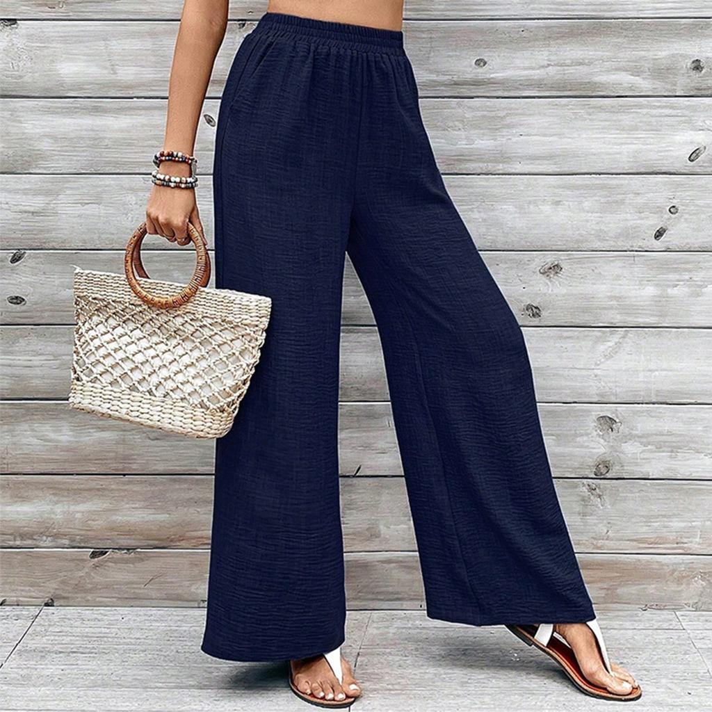 Ladies' Fashion Elastic Waist Casual Solid Color Texture Wide Leg Pants Low Waist Pants