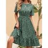 European and American summer new women's elegant and fashionable waist polka dot French crew neck short-sleeved dress