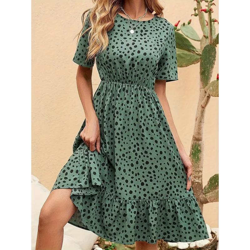 European and American summer new women's elegant and fashionable waist polka dot French crew neck short-sleeved dress