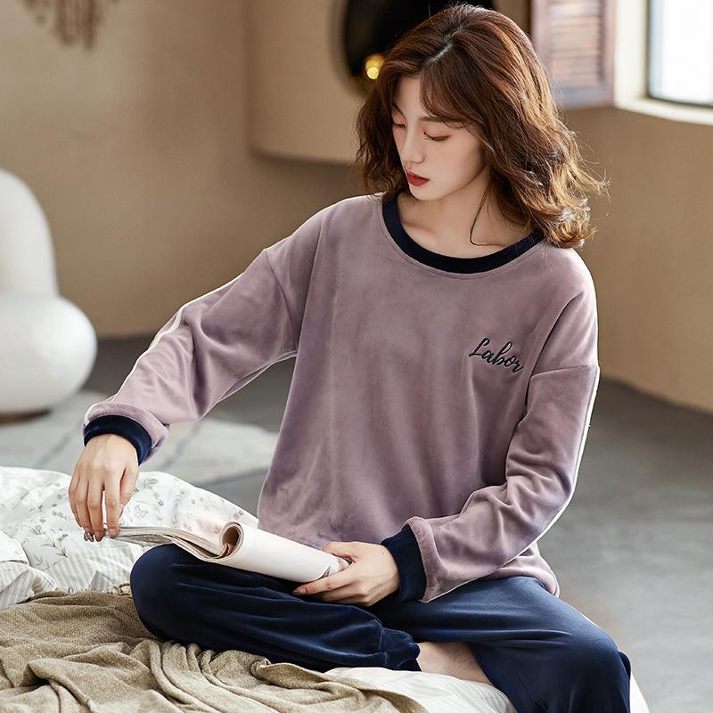 Island Fleece Pajamas Women'S Autumn And Winter Thin Fleece Coral Fleece Cute Pullover Loungewear Set