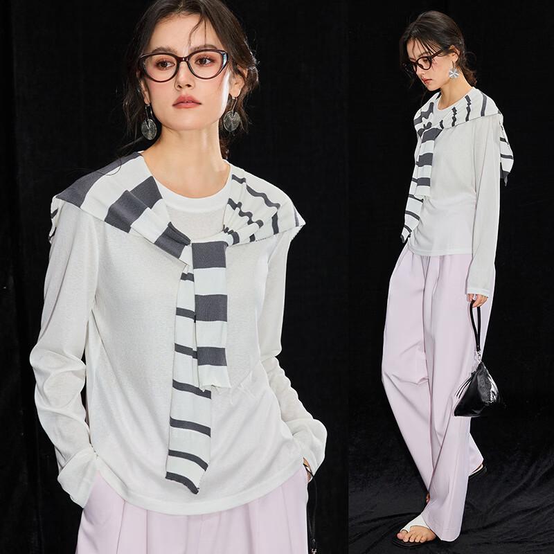 French Retro Striped Knit Layered Top M белый
