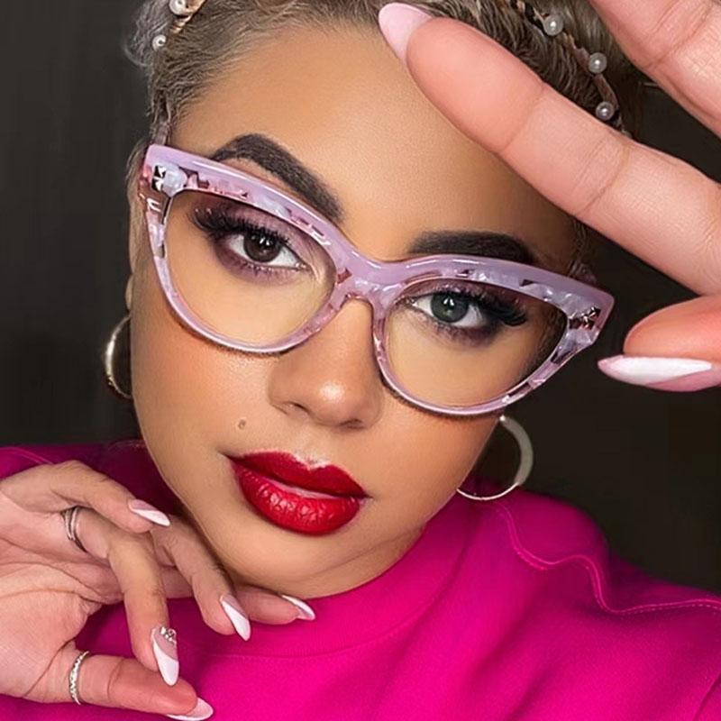 Cat Eye Rivets Black White Frame Clear Glasses Myopia Nerd Spectacles  -0.5 -1.0 -2.0 To -6.0 Fashion Hyperopia +0.5 To +6.0