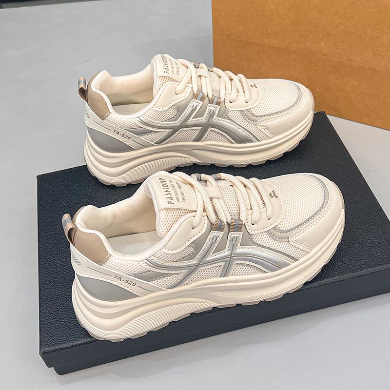 Spring thin round head lace-up breathable mesh sneakers ins trendy thick-soled casual running shoes