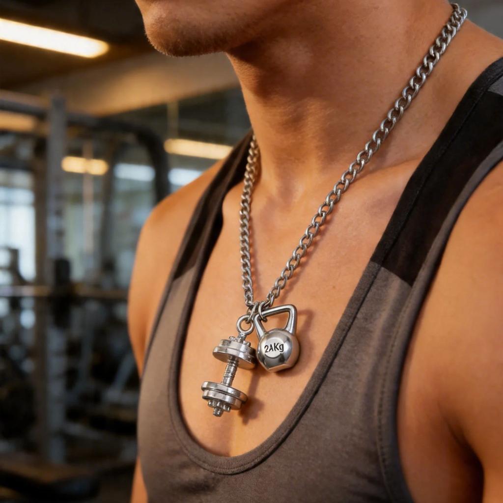 Pánský Fitness přívěsek na náhrdelník s činkou a kettlebellem Hip Hop Punk Sportovní Hypoalergenní řetízek Šperk Dárek pro milovníky fitness