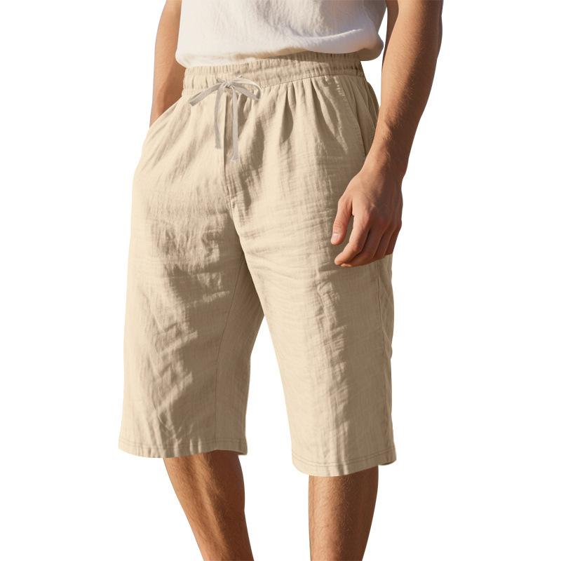Summer Men's Loose Simple Solid Color Casual Linen Breathable Sports Beach 7-point Shorts