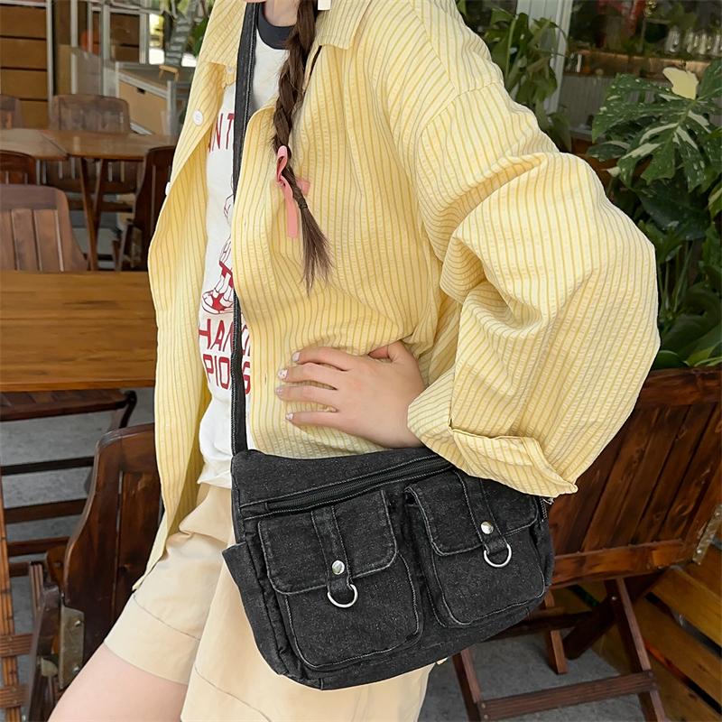 Denim Crossbody Bag Multi Pocket Shoulder Handbag with Adjustable Strap