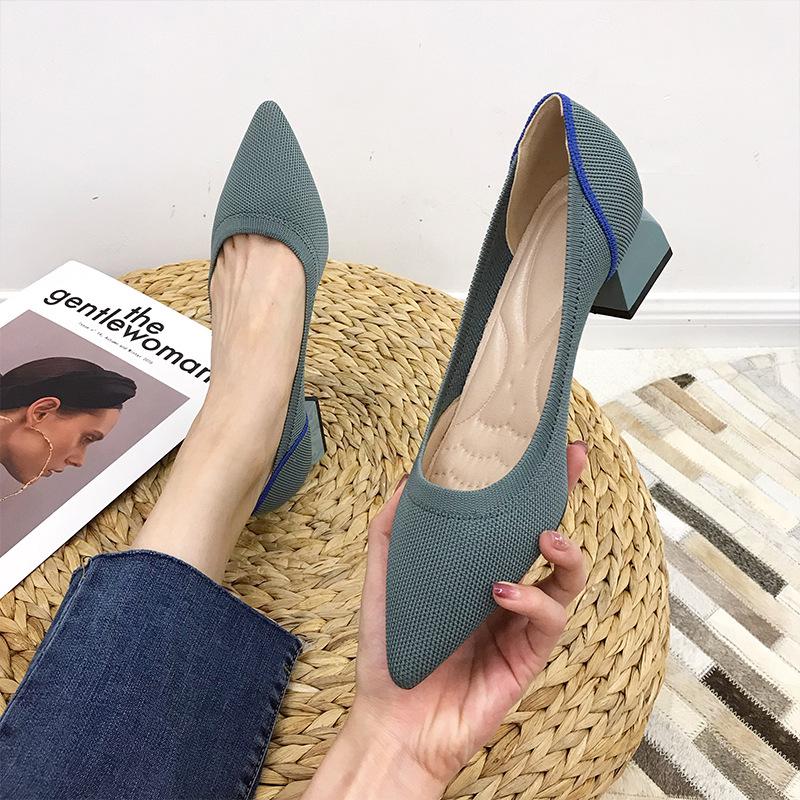 Spring and Autumn Women's High Heels 2024 New Breathable Knit Shallow Single Shoes Fashionable Pointed Square Heel Shoes 35-43