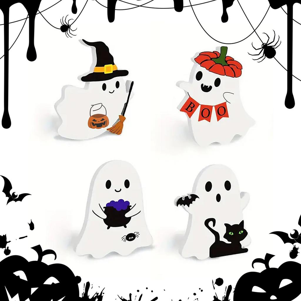 4pcs Halloween White Ghost Miniature Table Signs Ghost Decoration Desktop Ornament Cute Ghost Ornament for Living Room Fireplace