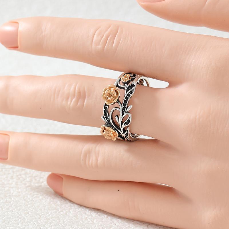Vintage Inlaid Black Stone Flower Women's Ring Design Two Color Hand Carving Daily Wear Party Jewelry Anniversary Gift