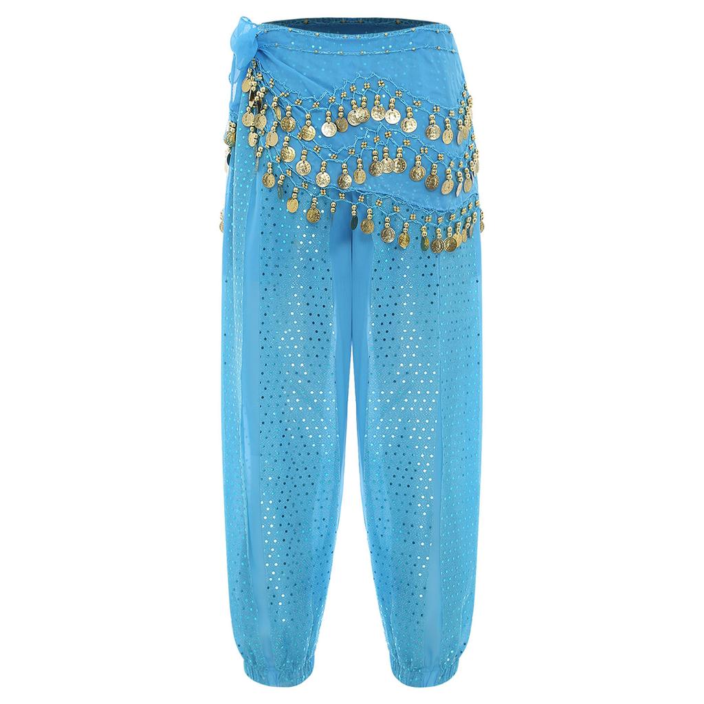 Damen Bauchtanz Bloomers Haremshose Elastischer Bund Paillettenbesetzte Schicht Schnürung Hüfttuch Halloween Kostüm