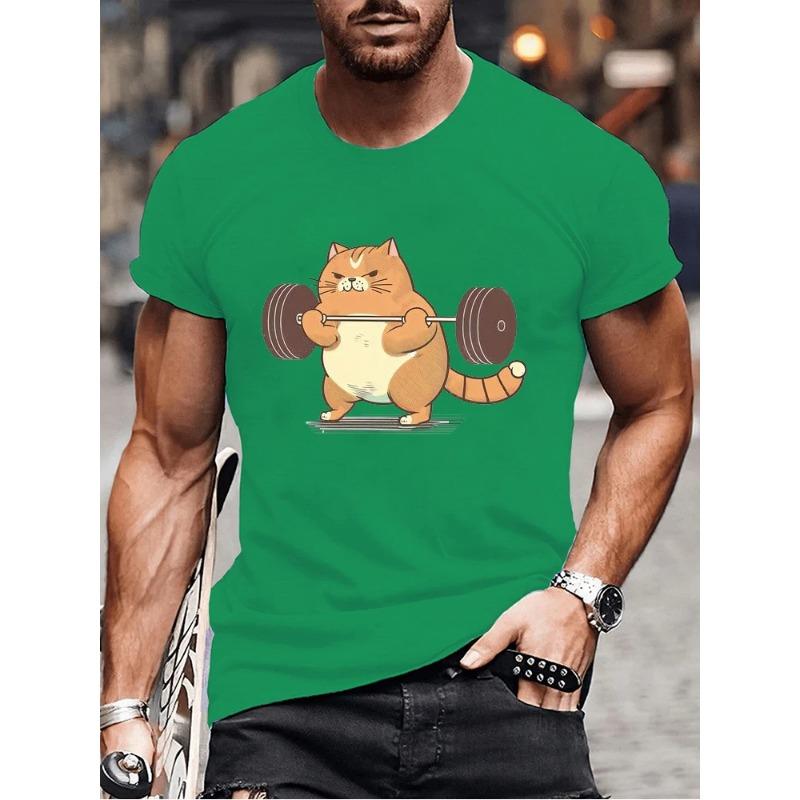Summer Round Neck Funny Cat Weightlifting Graphic 3D Print Top Sports and Fitness T-shirts Fashionable Casual Short Sleeved Men's T-shirts