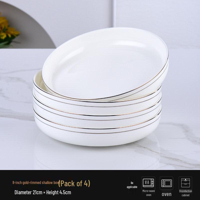 Ceramic Gold Rim Bone China Tableware Set - Microwave Safe Deep Plate, Rice Bowl for Home and Hotel Use.