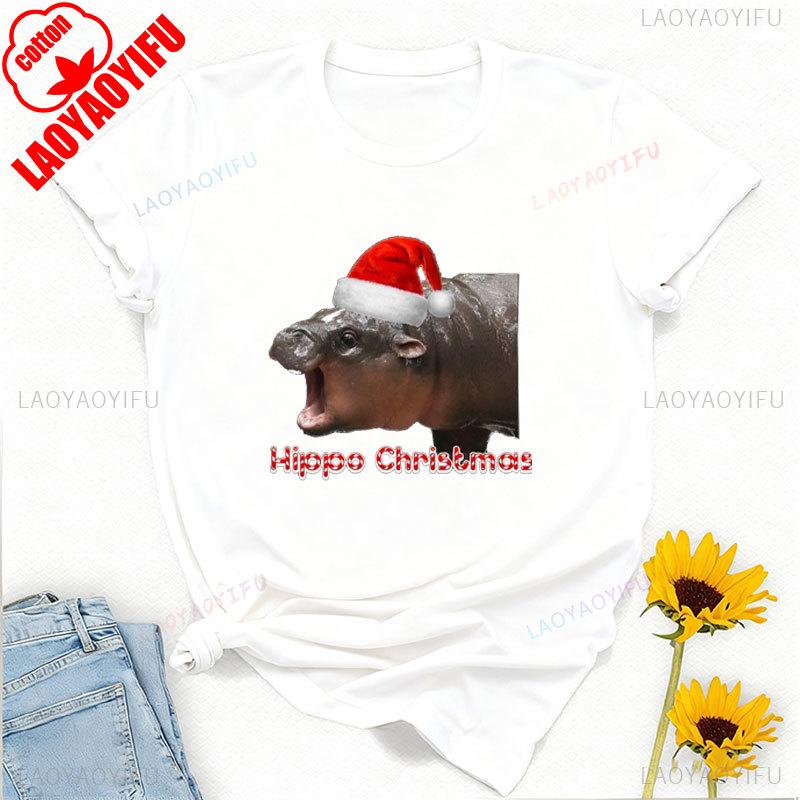 Moo Deng Pygmy Hippopotamus Christmas Hat Graphic Tshirt High Quality Cotton Crewneck Tops Tee Shirt Short Unisex Casual Style