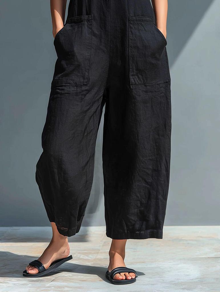 In-Stock Women's European & American Style Sleeveless Stand Collar Button Jumpsuit - Vacation Ready