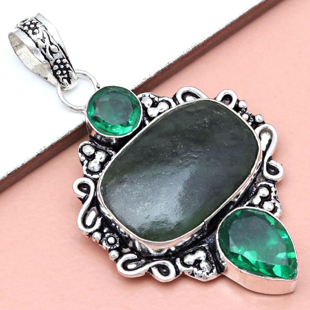 Pendant Shiney Labradorite Peridot Quartz Gemstone Silver Jewelry 2.5"