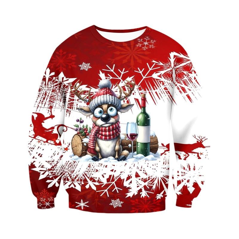 Sweatshirts Motif Rennes de Noël Pour Hommes Femmes Flocon de Neige Vin Impression 3D Pull Hoodies de Festival Manches Longues Col Rond Hauts
