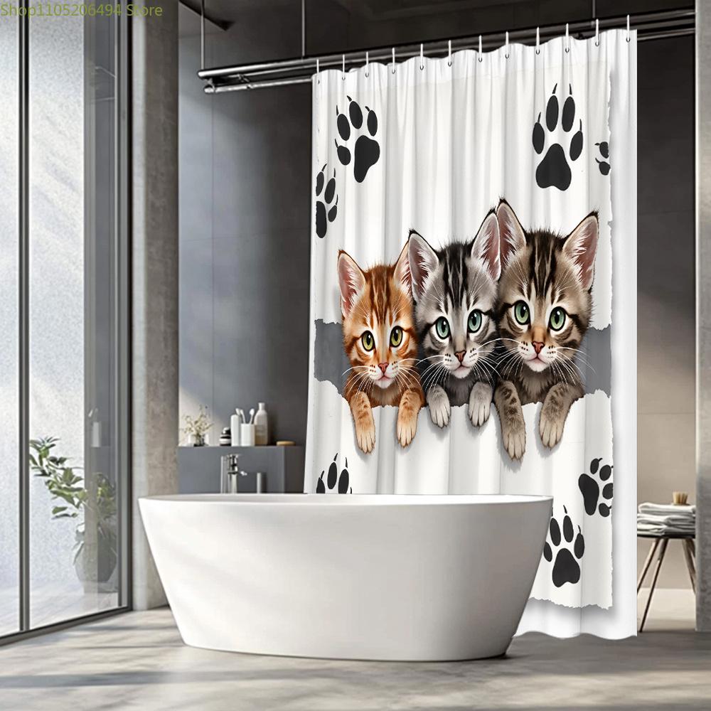 1pc Adorable Kitten Shower Curtain - Realistic Orange, Gray, and White Kittens Peeking Through Torn Paper with Playful Paw Pri