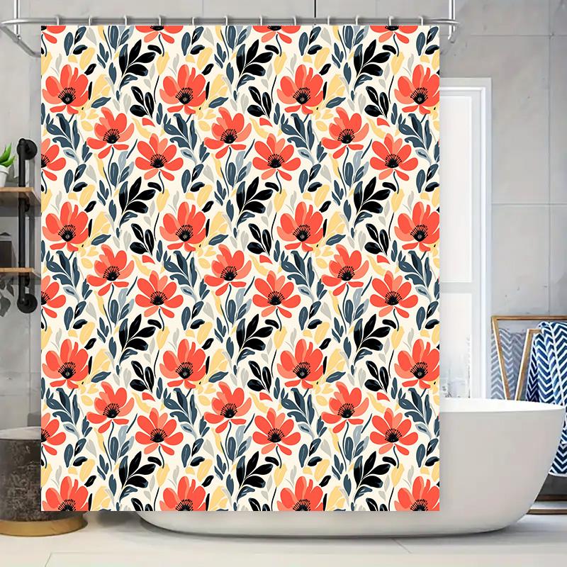 

Modern Bathroom Decor: Floral Print Shower Curtain With Rustic Red Blossoms Fresh Green Accents Waterproof Fabric For Home Bathr W60H190(CM)-1 Pcs