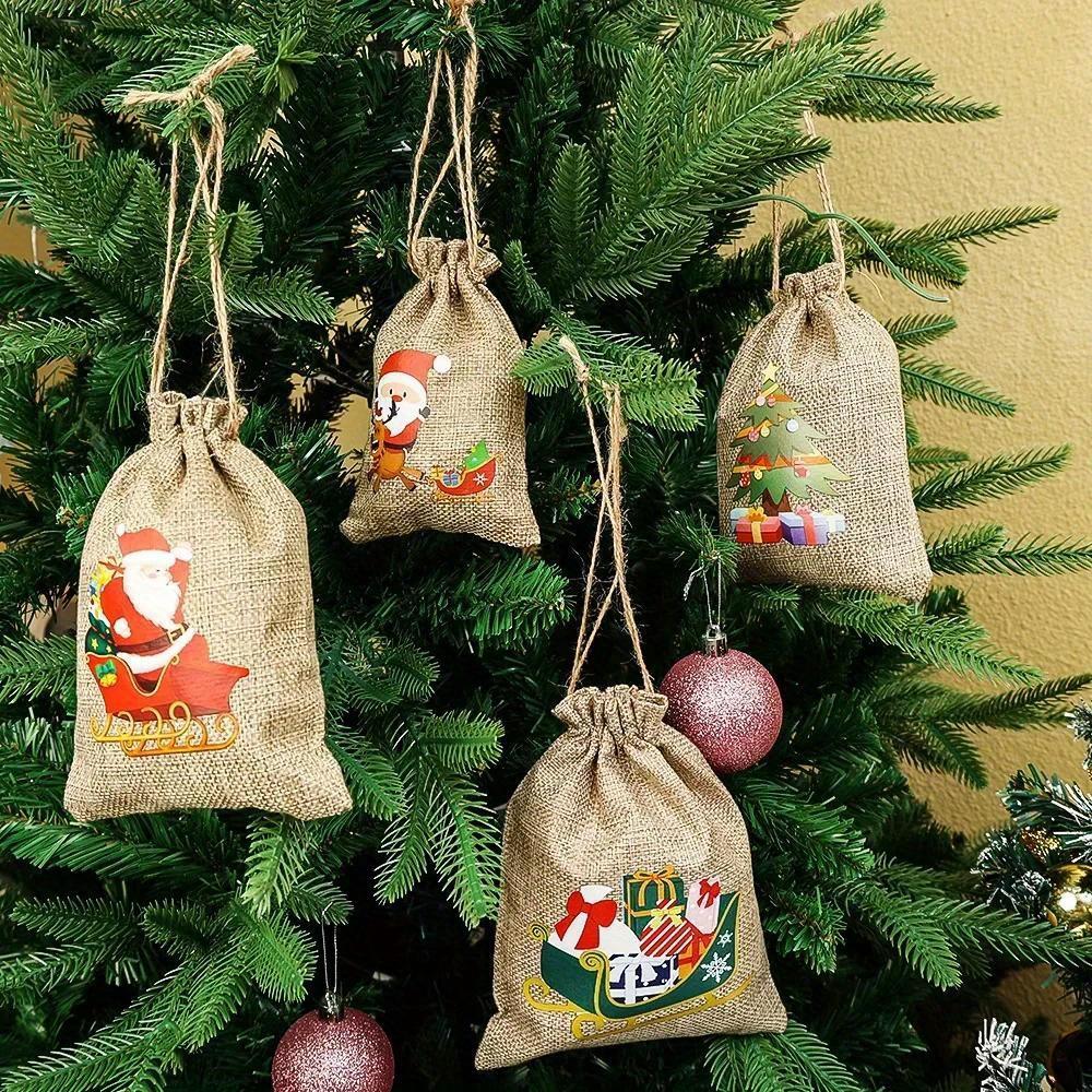 6/8pcs Small Jute Bags with Santa, Reindeer, Snowman & Christmas Tree Designs for Gift Wrapping, Christmas Decorations
