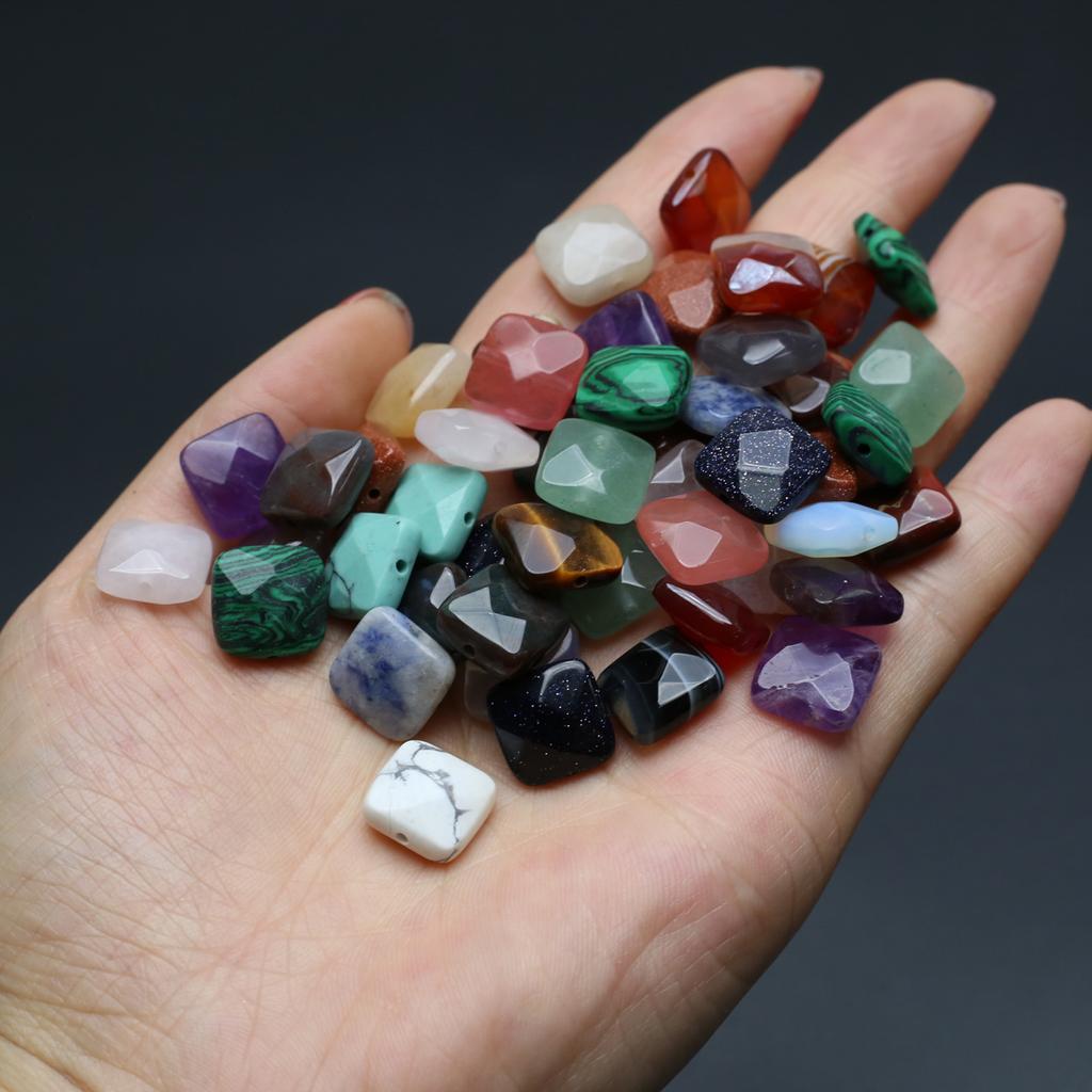 5Pcs/Pack Faceted Natural Stone Beads with Hole, Square Crystal Agate Amethyst Malachite Turquoise Gem Loose Beads for DIY Jewelry Accessories 12x12mm
