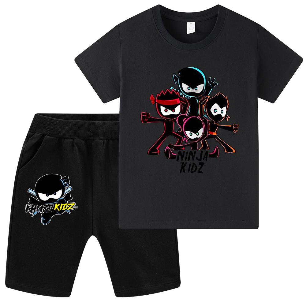 WA1172 Kids Girls Boys NINJA KIDZ Cartoon Printed Round Neck Short Sleeves T-shirt Shorts Sets 100cm