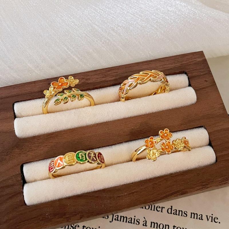 Golden Osmanthus Gradual Change Enamel Antique Open Ring Retro Floral Design Fashion Personality Trend Color Ring