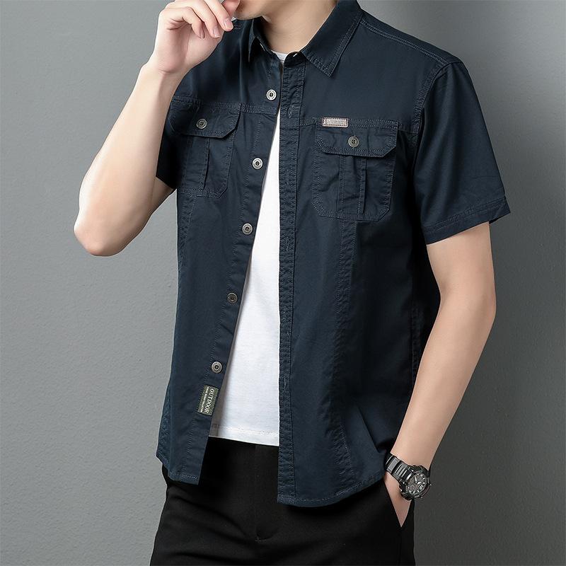 Men's new summer thin short-sleeved shirt jacket men's solid color casual pure cotton outdoor tooling shirt top