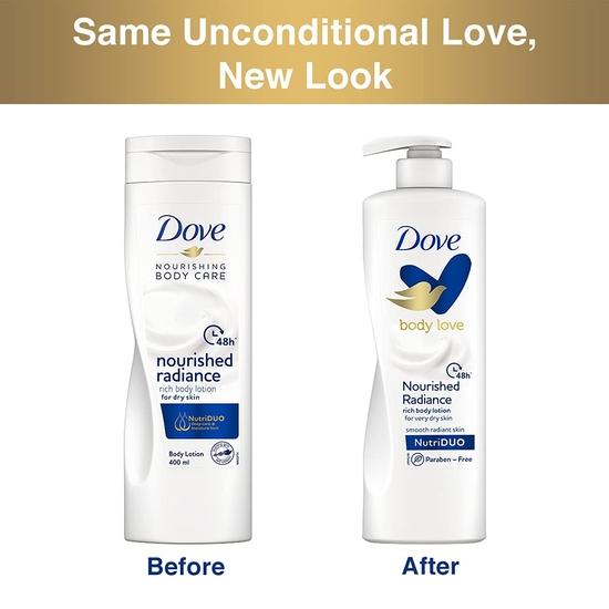 DOVE Body Love Genährte Ausstrahlung Körperlotion für sehr trockene Haut 48 Stunden Feuchtigkeitspflege Parabenfrei mit pflanzlichem Feuchtigkeitsspender Weiche Strahlende Haut 400ml