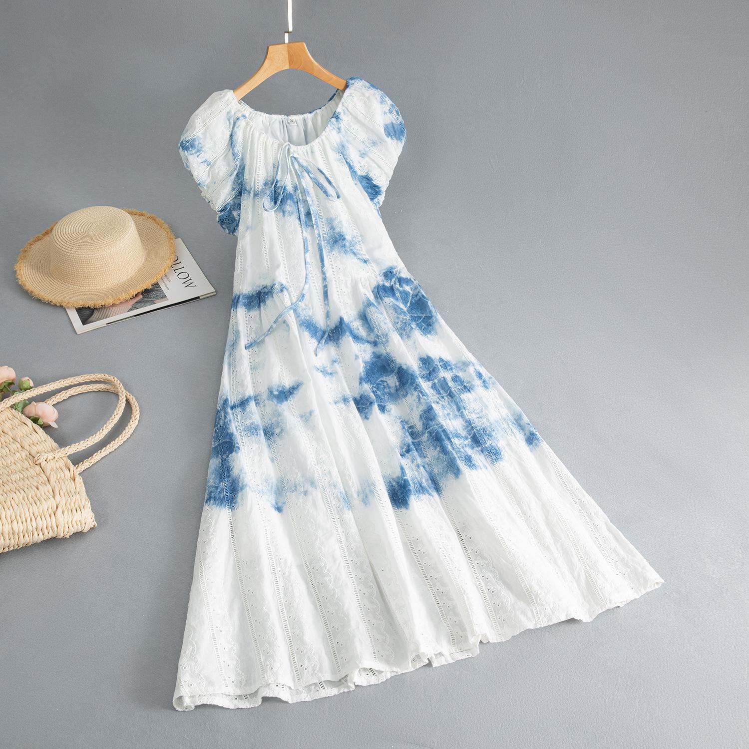 Yunnan Tie-Dye Puff Sleeve Summer Dress with Embroidery One Size