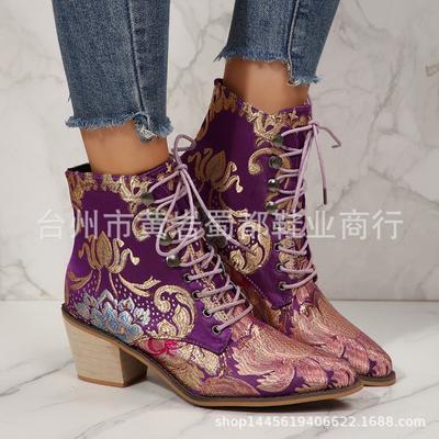 Otoño e invierno nuevas botas Martin bordadas de tacón alto talla grande con cordones botas cortas de tacón grueso mujeres