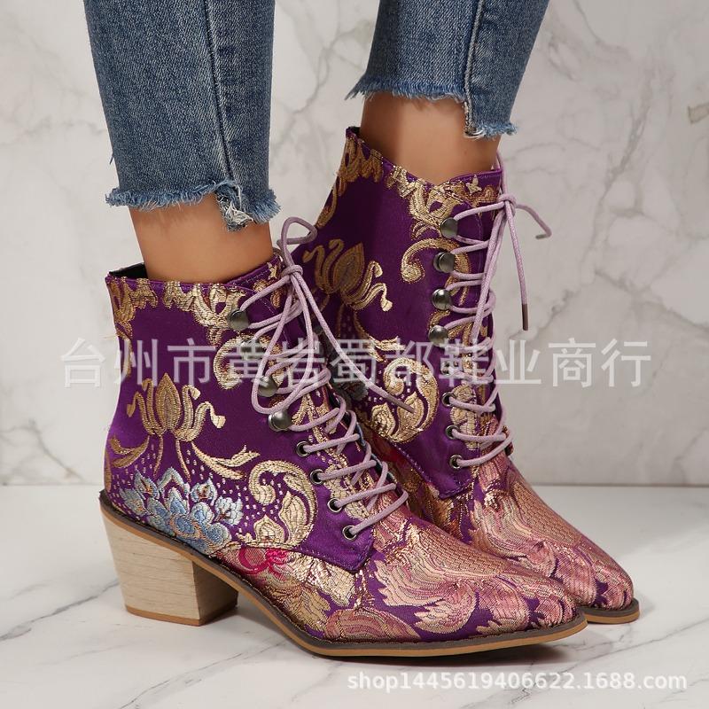 Autumn and winter new embroidered high-heeled Martin boots large size lace-up thick-heeled short boots women